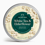 White Tea & Elderflower Body Butter 200ml, front view of jar with lid on