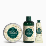 White Tea & Elderflower body care set, including shower gel, body moisturiser and hand cream, in a grouped display