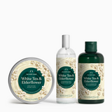 White Tea & Elderflower fragrance set, including shower and body products, grouped together